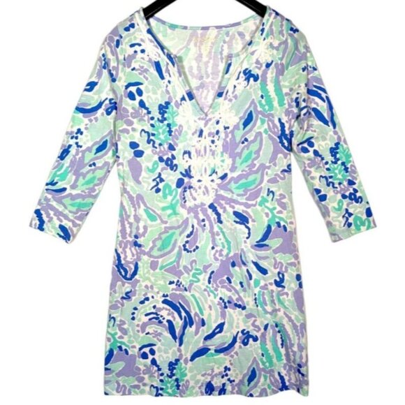 Lilly Pulitzer Nice Ink Pattern Floral 3/4 Sleeve Marina Dress Women's Sz Large - Picture 3 of 16